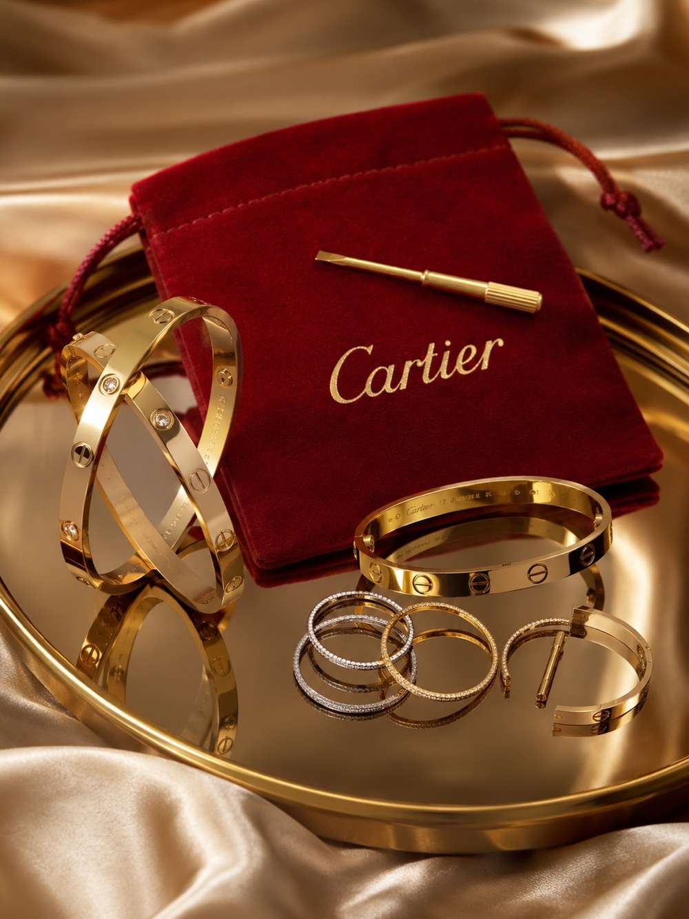 Cartier inspired Gold LOVE Bracelet with Crystal Stones & screwdriver